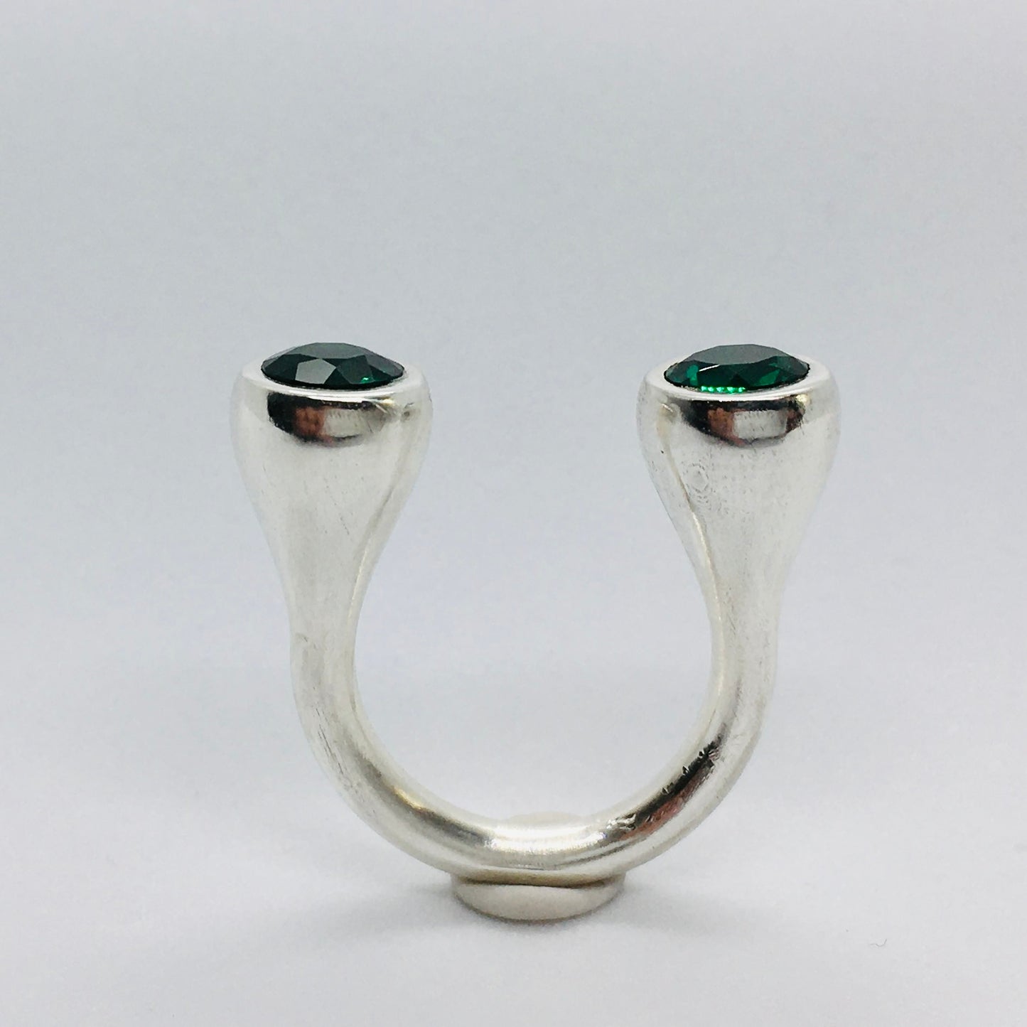 Crescent Stone Sterling Silver Ring with Green Emeralds