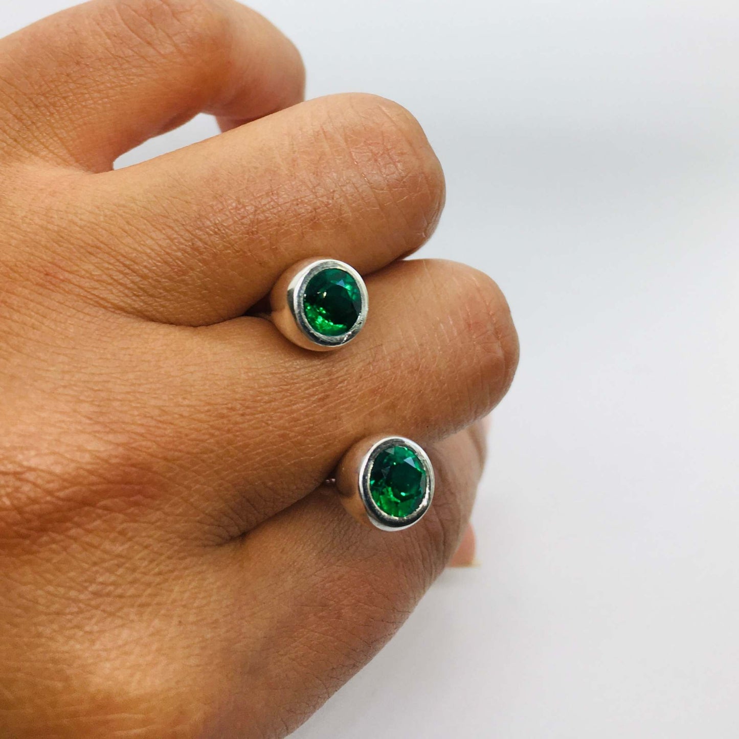 Crescent Stone Sterling Silver Ring with Green Emeralds