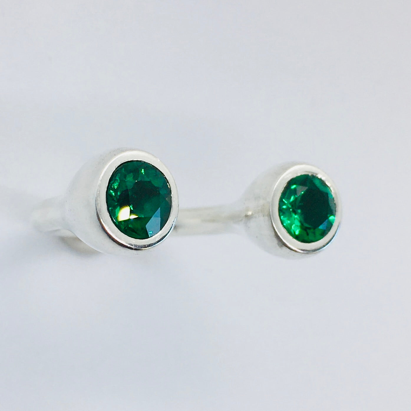 Crescent Stone Sterling Silver Ring with Green Emeralds