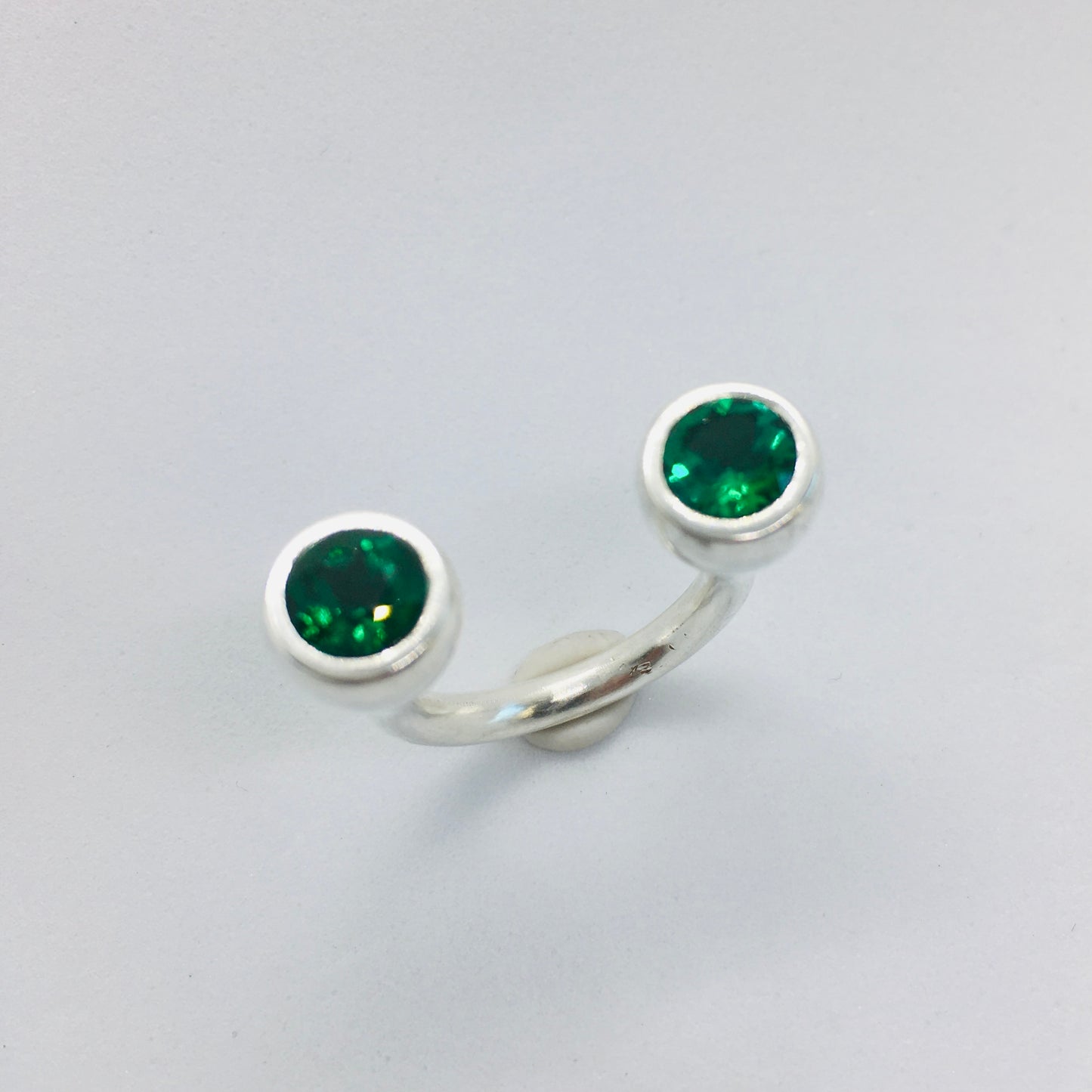 Crescent Stone Sterling Silver Ring with Green Emeralds