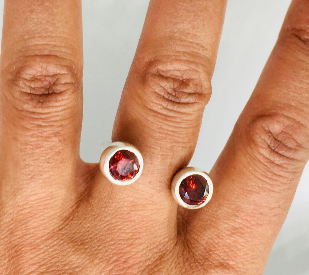 Crescent Stone Sterling Silver Ring with Ruby Red Zirconias