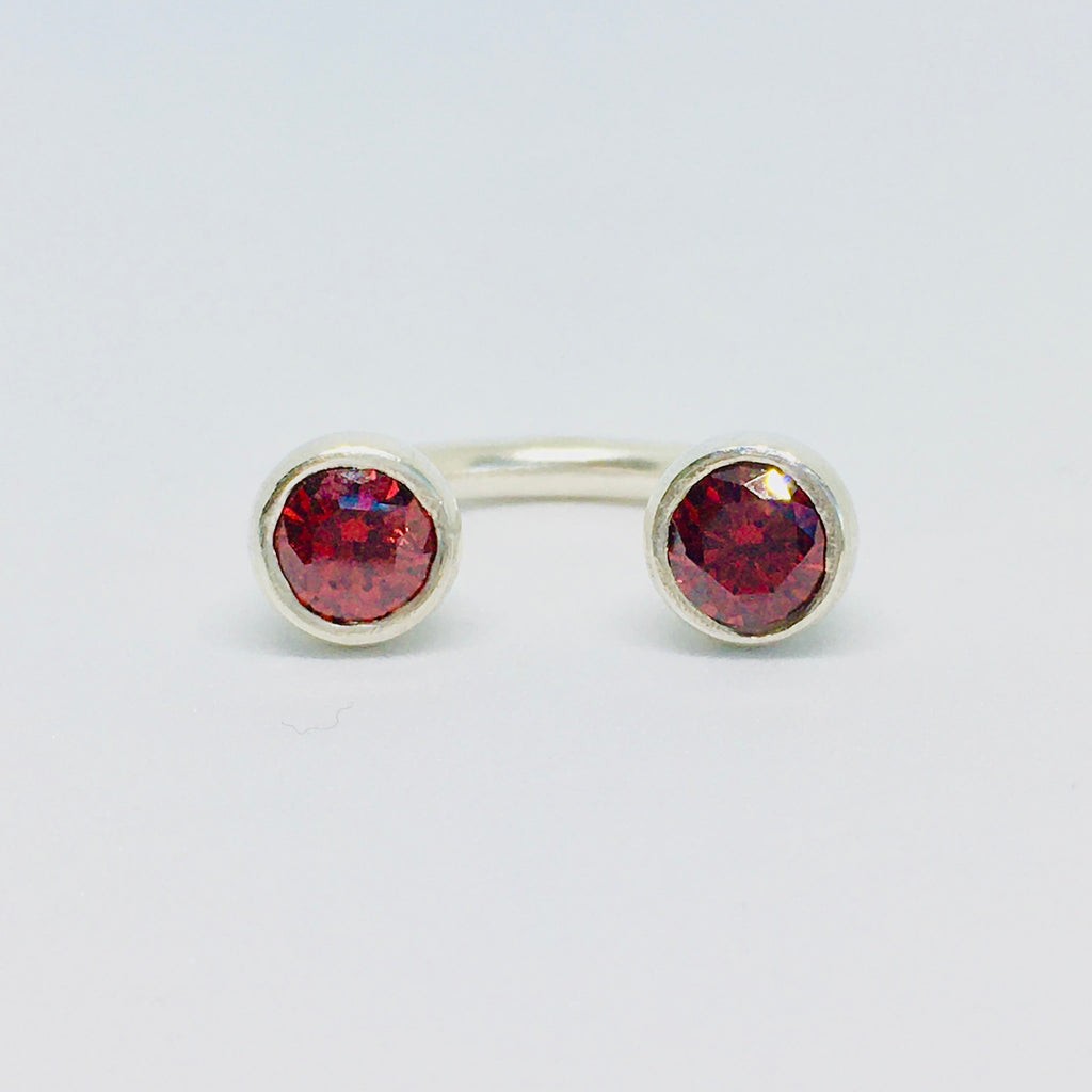 Crescent Stone Sterling Silver Ring with Ruby Red Zirconias